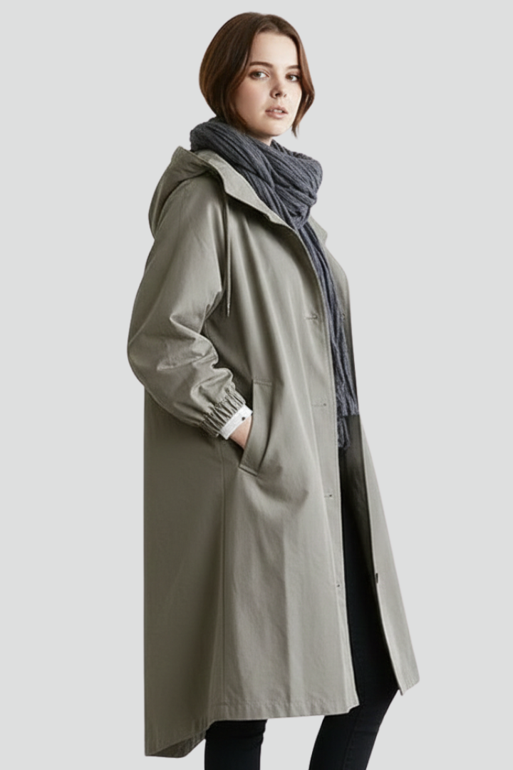 Women’s Long Coat with Hood and Button Closure