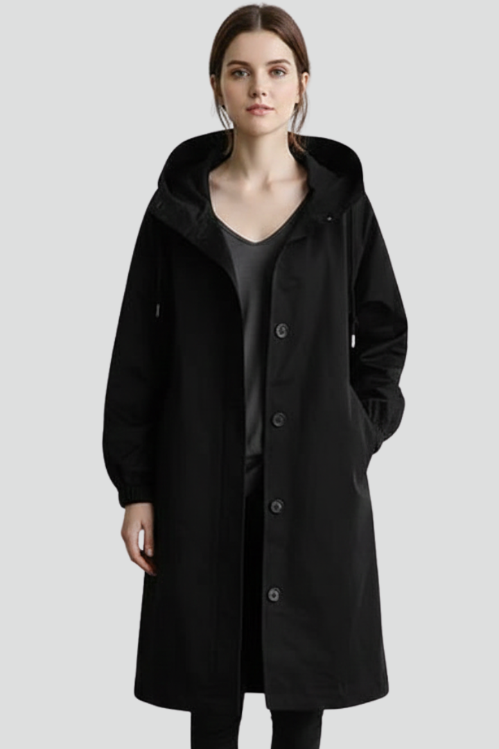 Women’s Long Coat with Hood and Button Closure