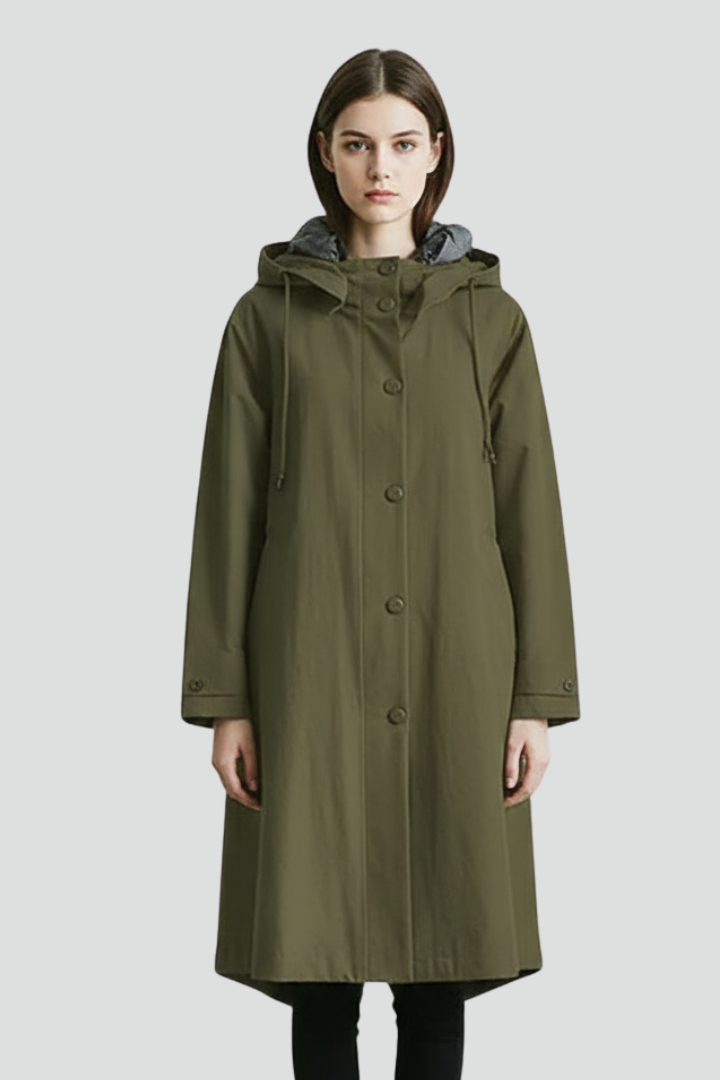 Women’s Long Coat with Hood and Button Closure