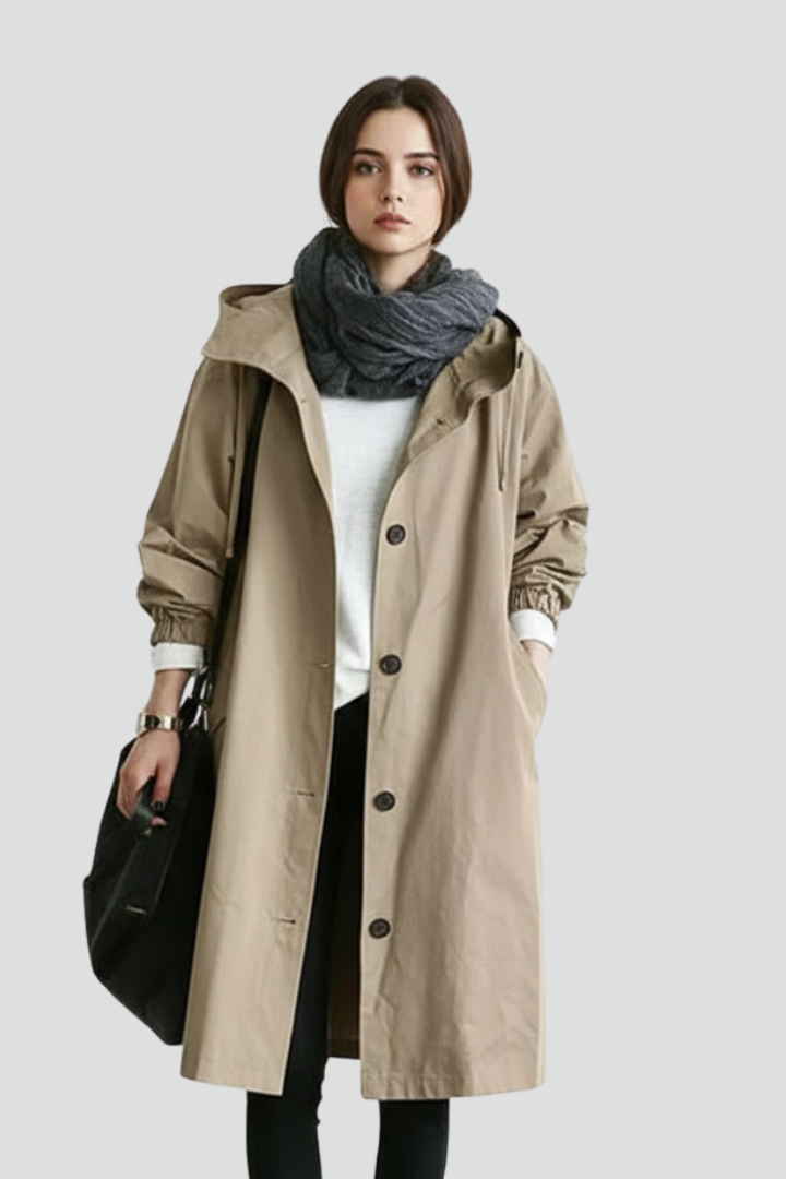 Women’s Long Coat with Hood and Button Closure