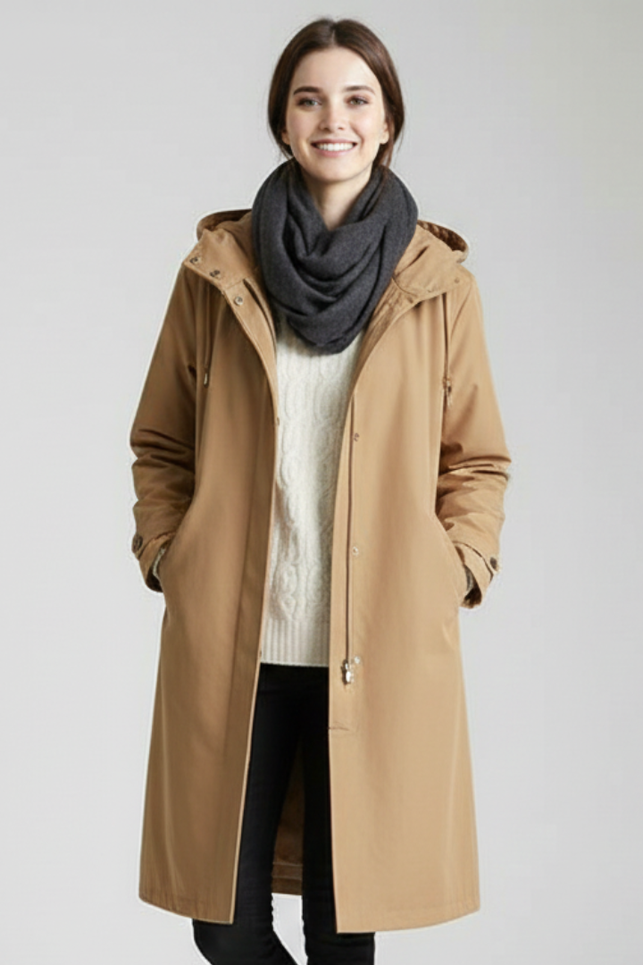 Women’s Long Coat with Hood and Buttons