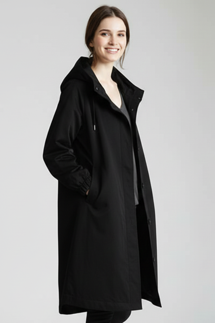 Women’s Long Coat with Hood and Buttons