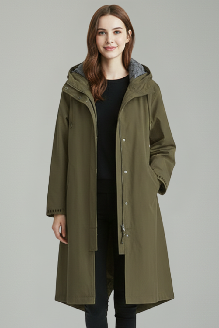 Women’s Long Coat with Hood and Buttons