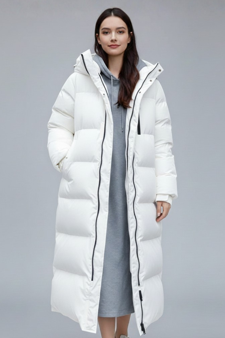 Women’s Long Coat with Hood and Concealed Closure