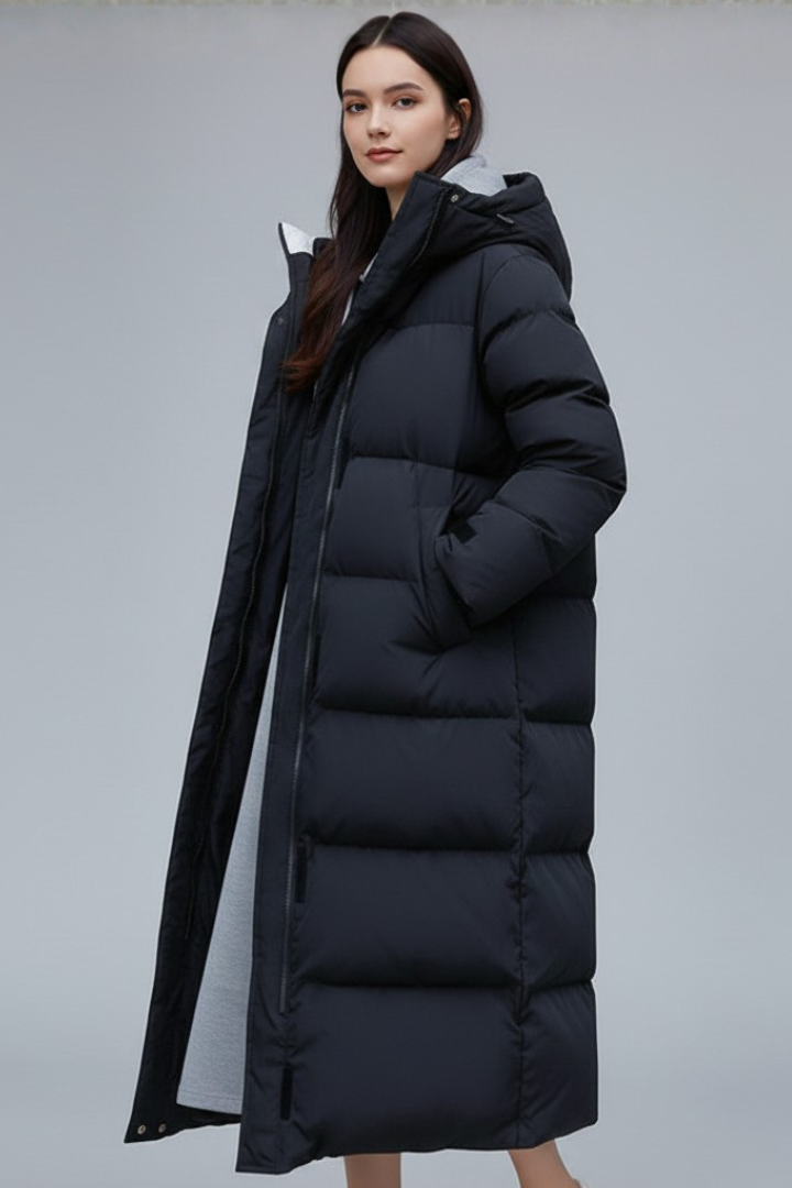 Women’s Long Coat with Hood and Concealed Closure