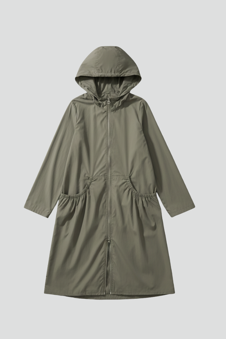 Women’s Long Coat with Hood and Front Zip