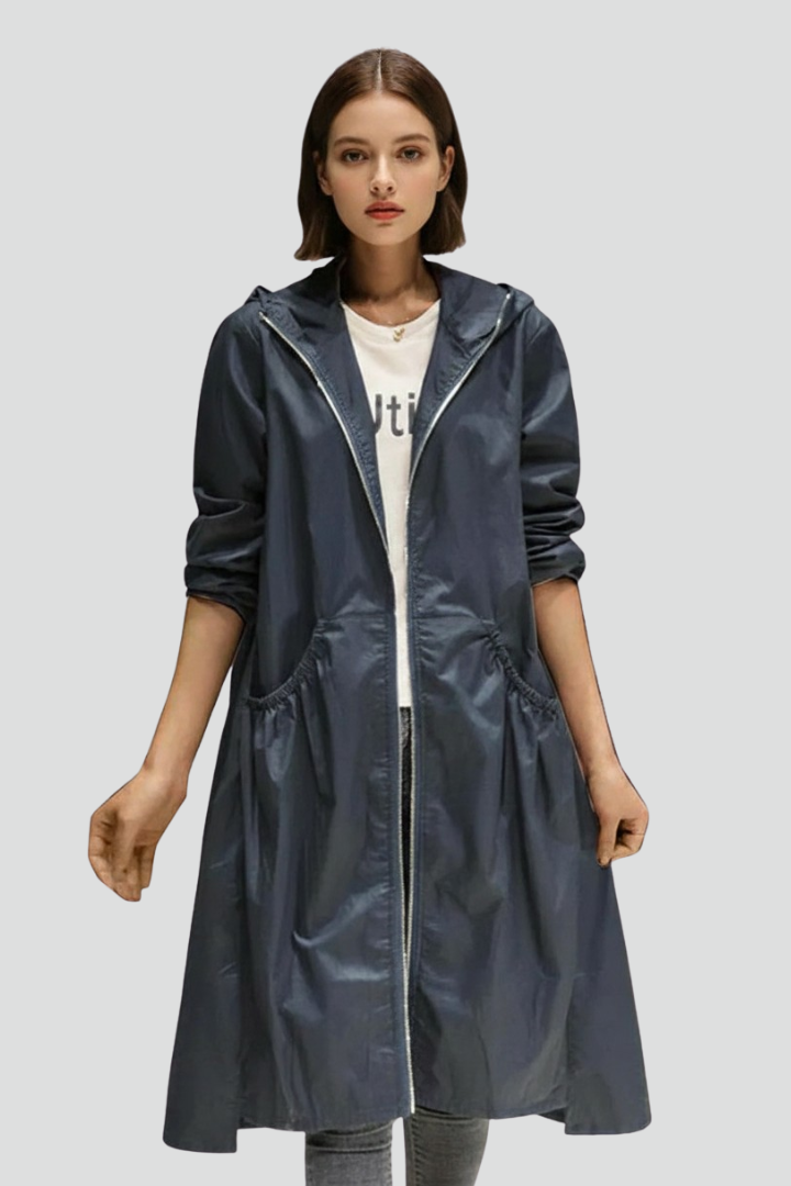 Women’s Long Coat with Hood and Front Zip