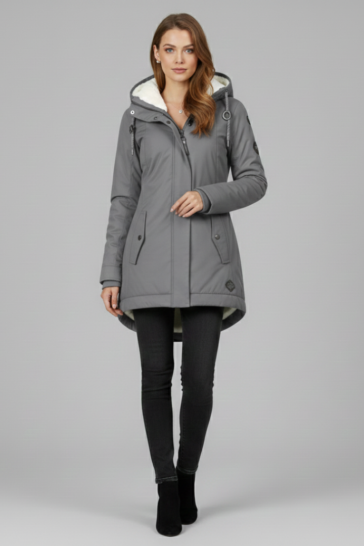 Women’s Long Coat with Hood and Front Zip