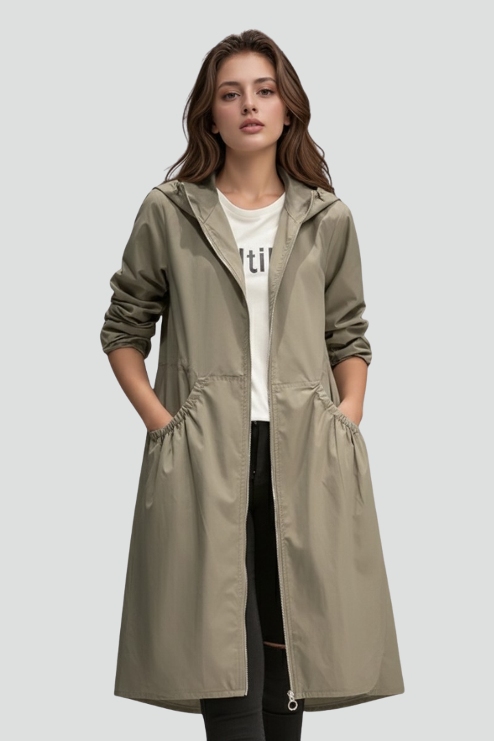 Women’s Long Coat with Hood and Front Zip