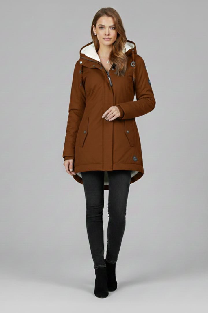 Women’s Long Coat with Hood and Front Zip