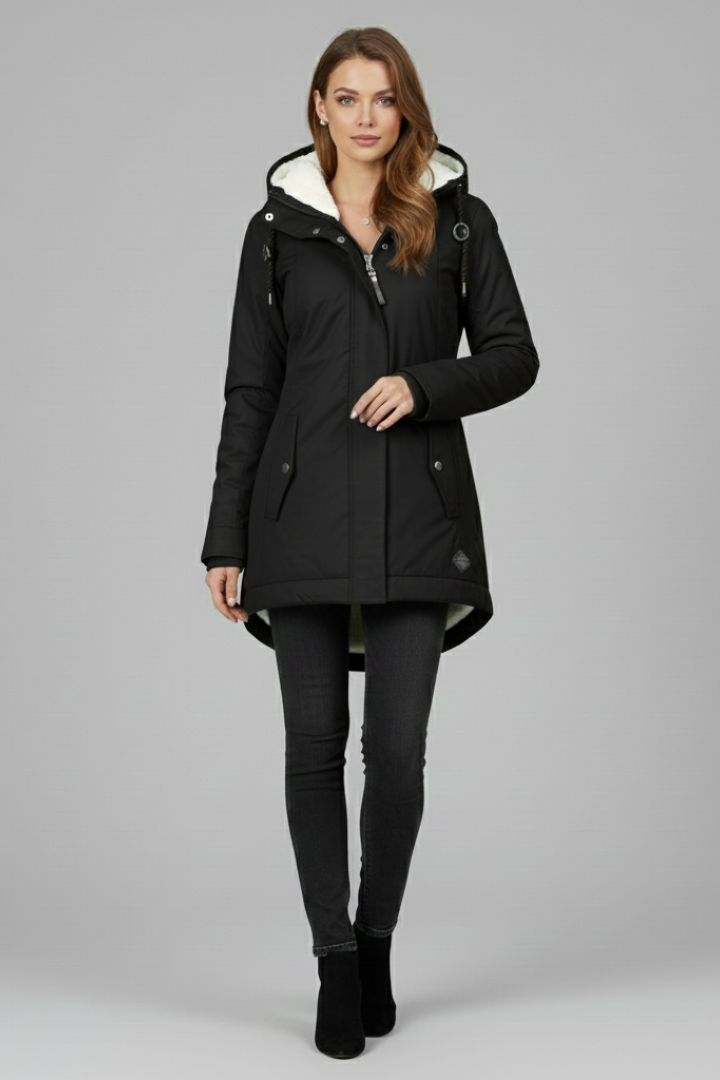 Women’s Long Coat with Hood and Front Zip