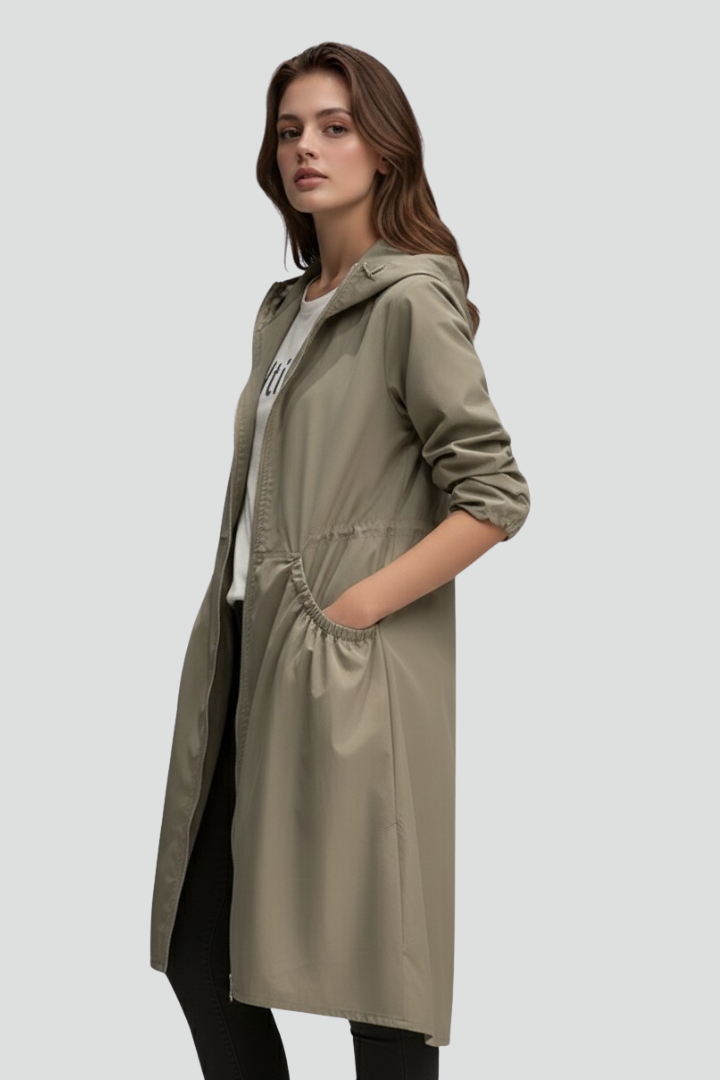 Women’s Long Coat with Hood and Front Zip
