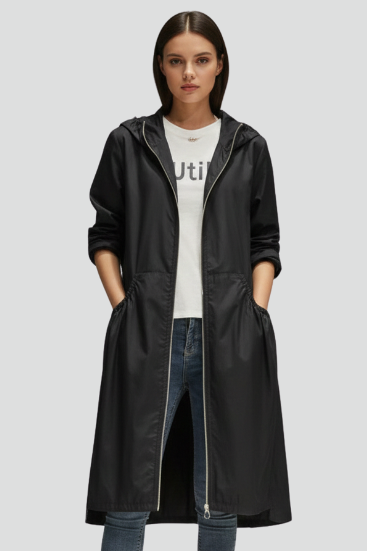 Women’s Long Coat with Hood and Front Zip