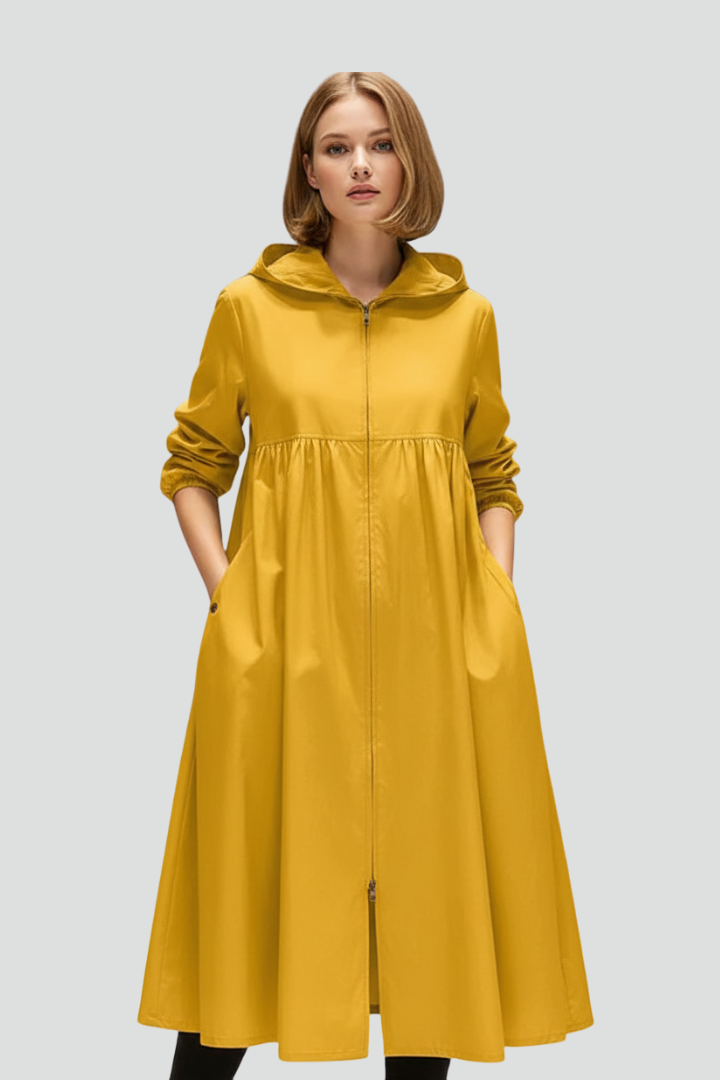 Women’s Long Coat with Hood and Front Zip