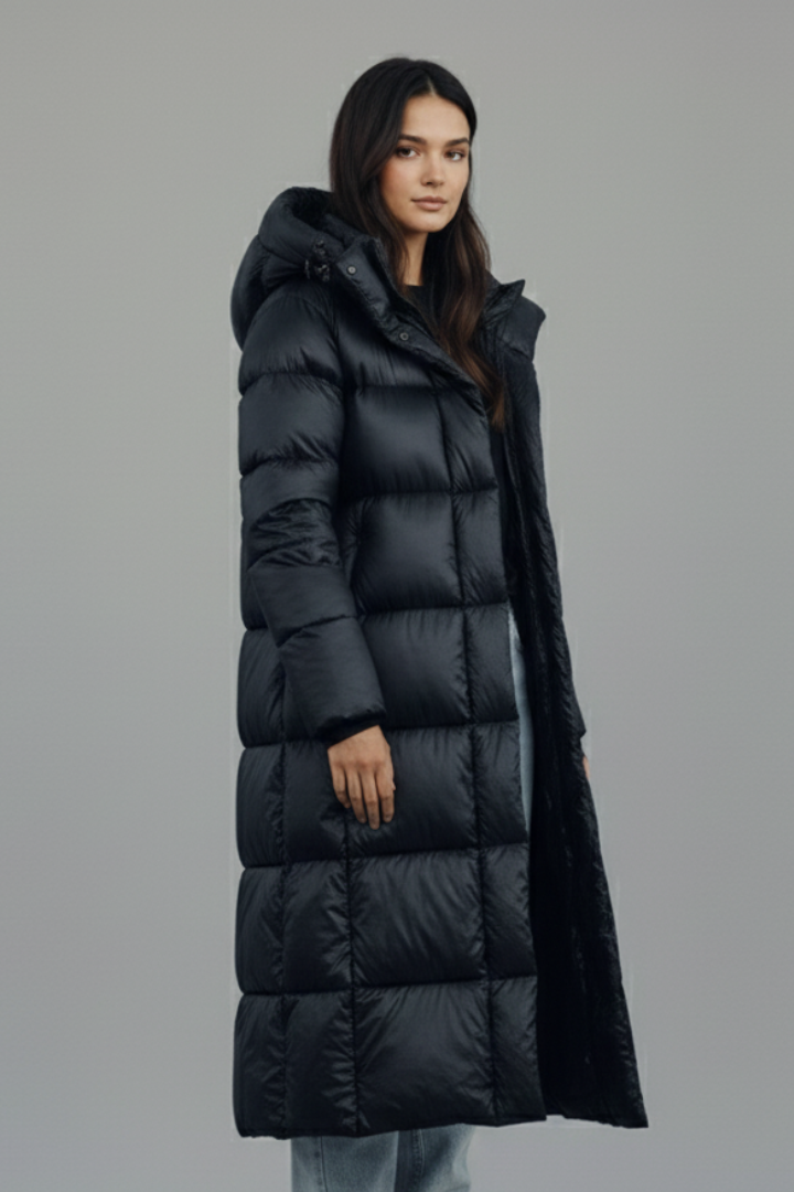 Women’s Long Coat with Hood and Zip Closure