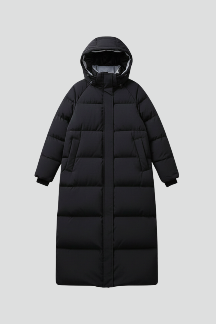Women’s Long Coat with Hood and Zip Fastening