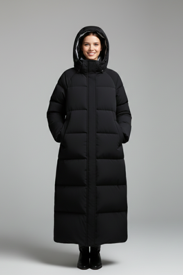 Women’s Long Coat with Hood and Zip Fastening