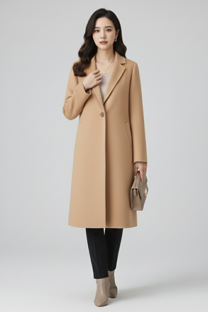 Women’s Long Coat with Lapel Collar and Button Closure