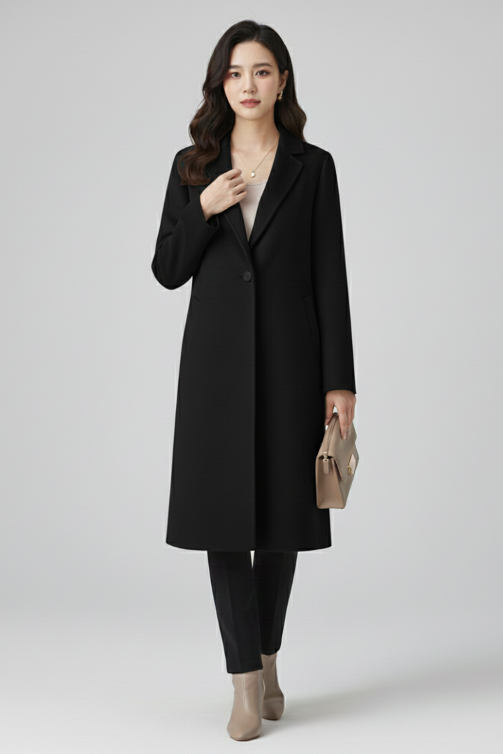 Women’s Long Coat with Lapel Collar and Button Closure
