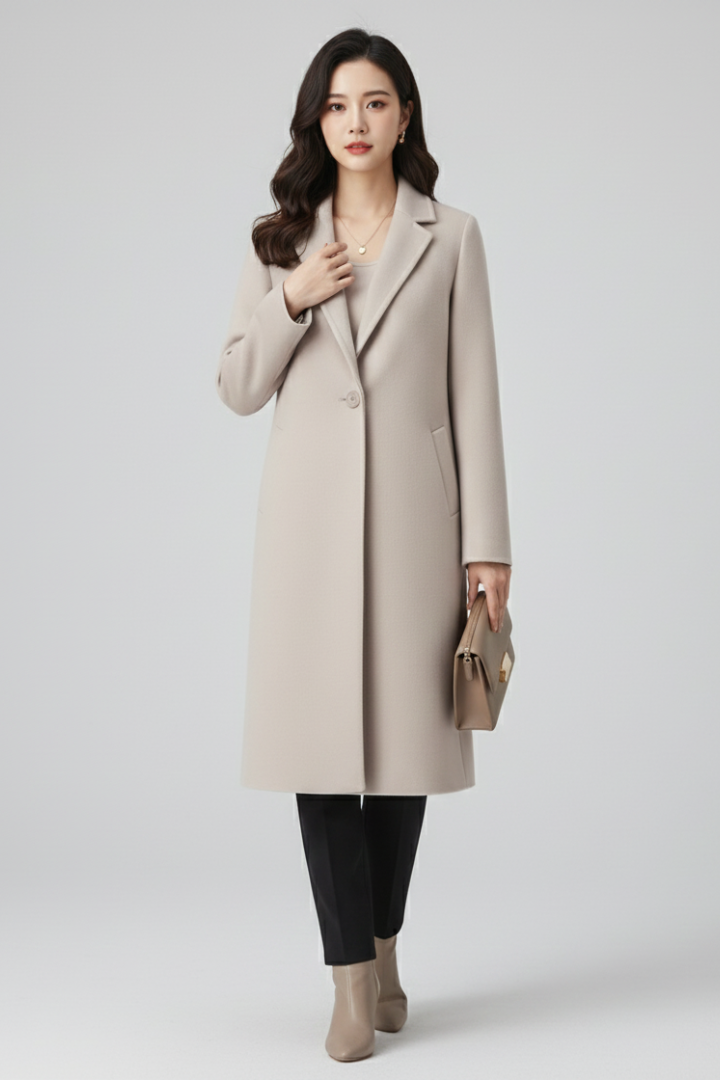 Women’s Long Coat with Lapel Collar and Button Closure