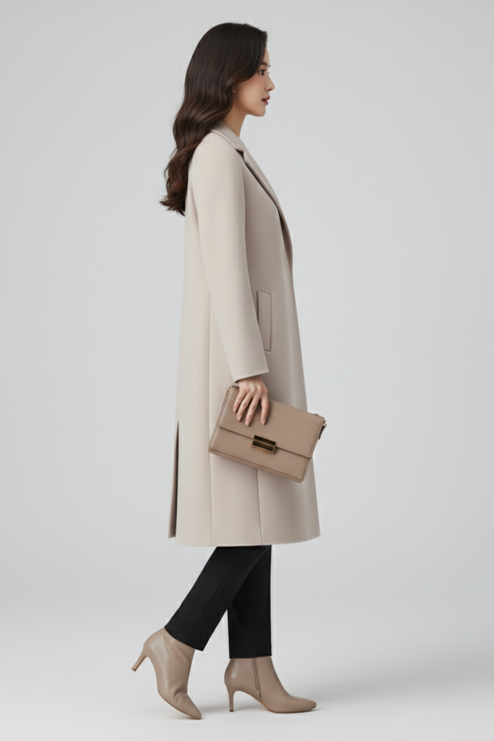 Women’s Long Coat with Lapel Collar and Button Closure