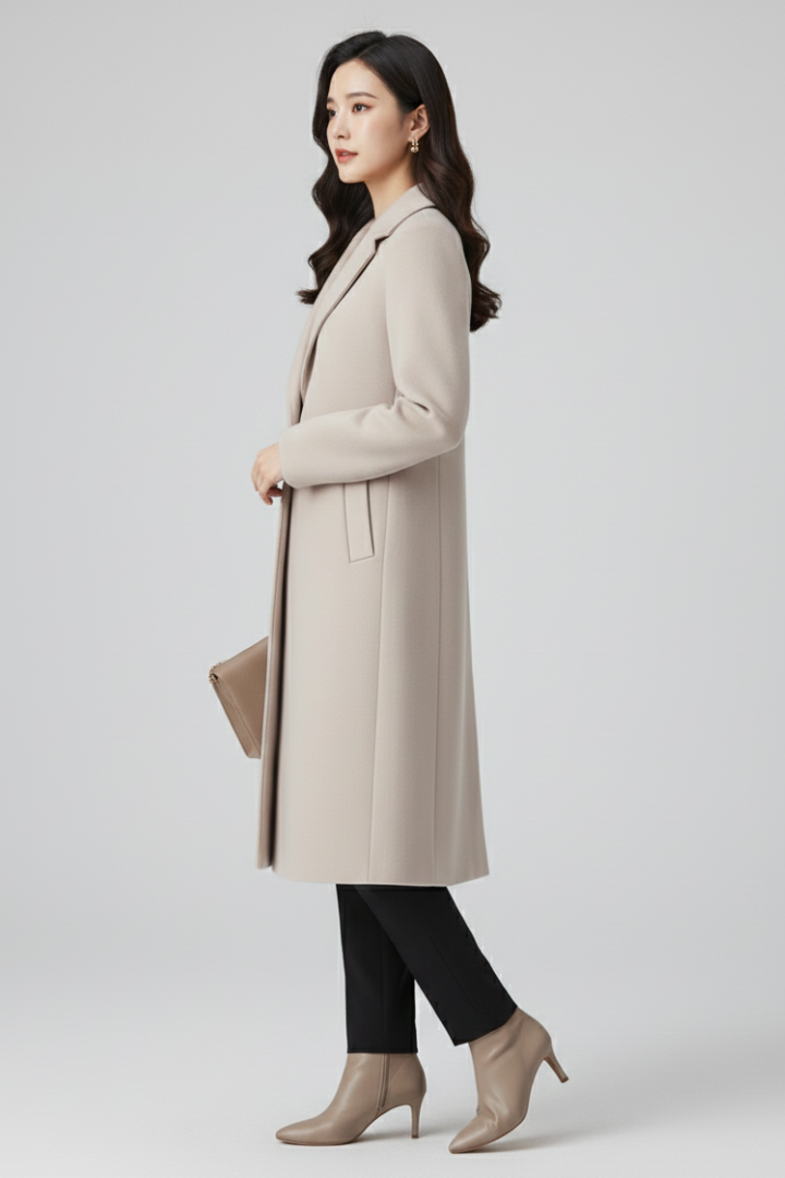 Women’s Long Coat with Lapel Collar and Button Closure