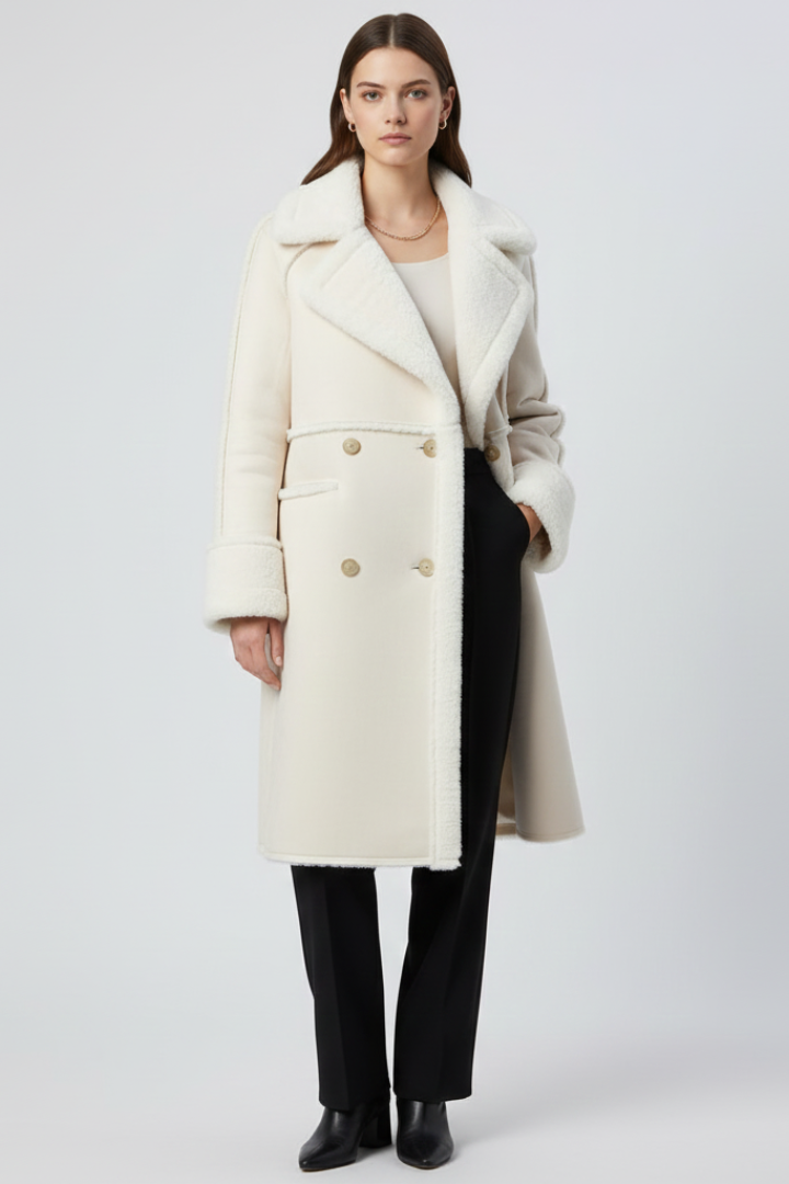 Women’s Long Coat with Lapel Collar and Textured Finish