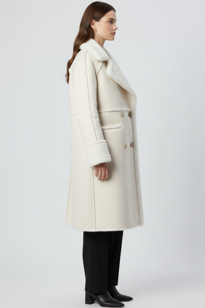 Women’s Long Coat with Lapel Collar and Textured Finish