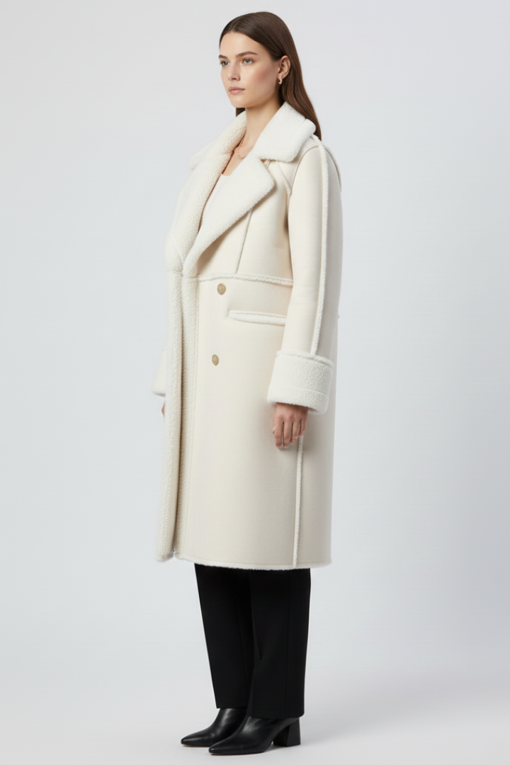 Women’s Long Coat with Lapel Collar and Textured Finish