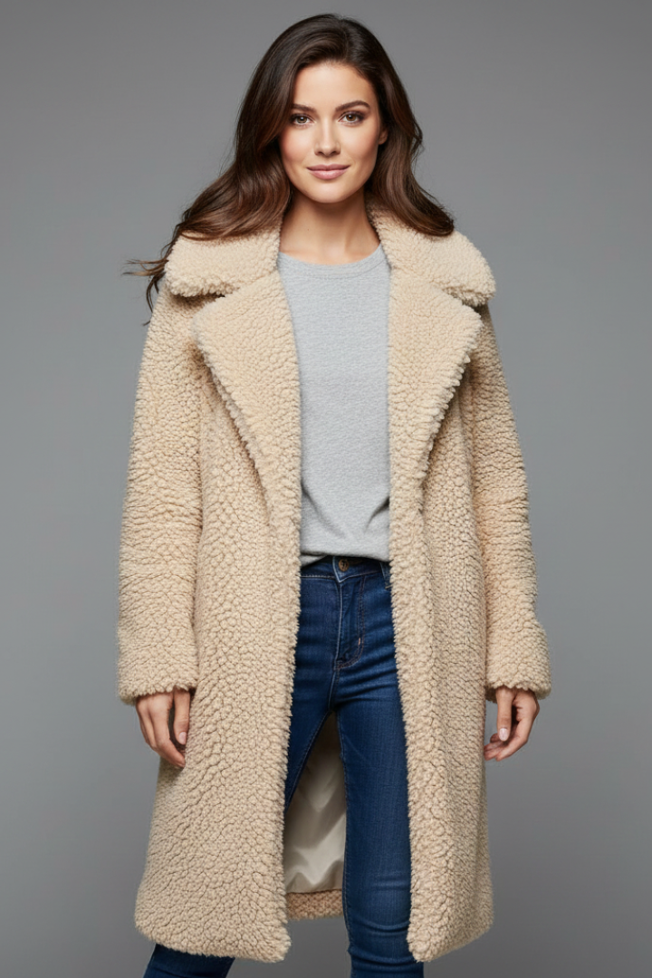 Women’s Long Coat with Lapel Collar and Textured Surface