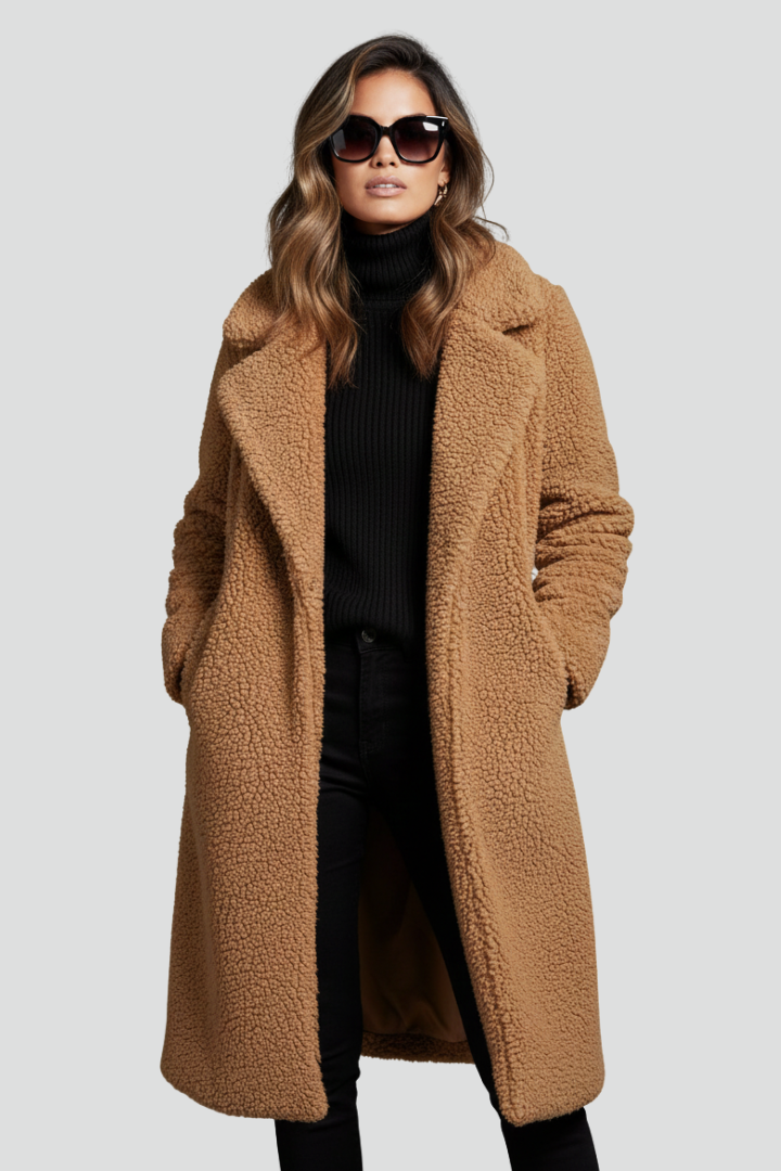 Women’s Long Coat with Lapel Collar and Textured Surface