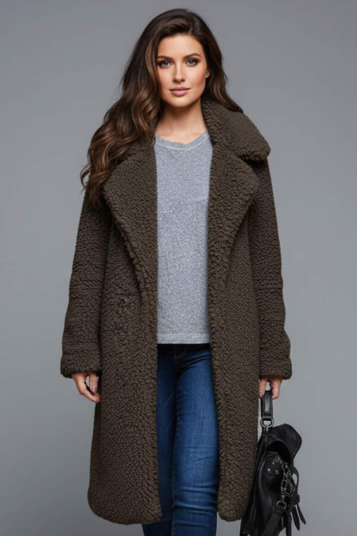 Women’s Long Coat with Lapel Collar and Textured Surface