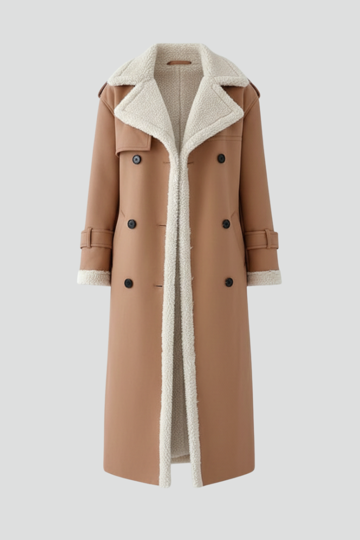 Women’s Long Coat with Lapel Collar and Trim Detailing