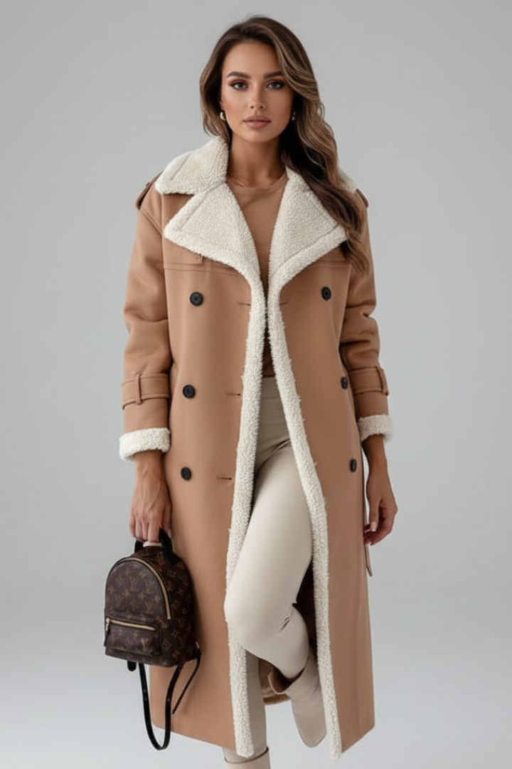 Women’s Long Coat with Lapel Collar and Trim Detailing