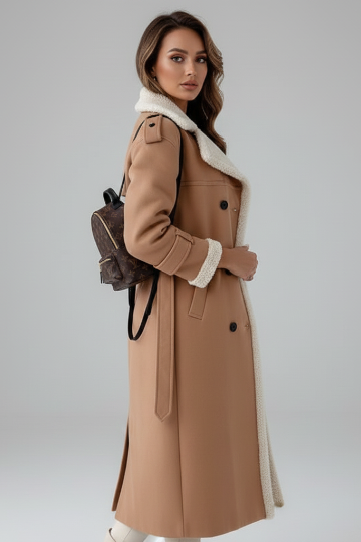 Women’s Long Coat with Lapel Collar and Trim Detailing