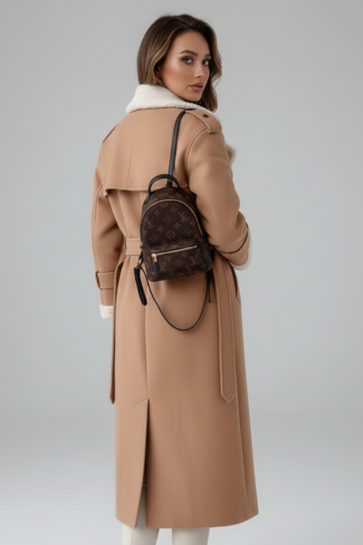 Women’s Long Coat with Lapel Collar and Trim Detailing