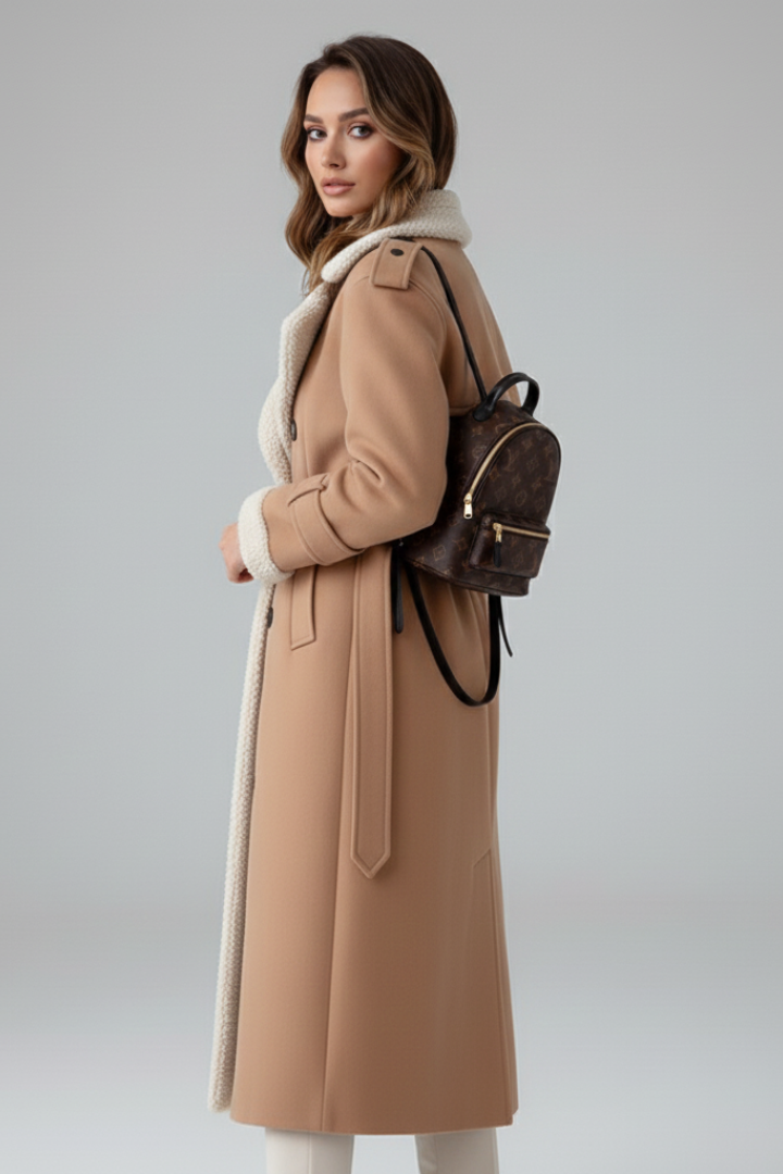 Women’s Long Coat with Lapel Collar and Trim Detailing