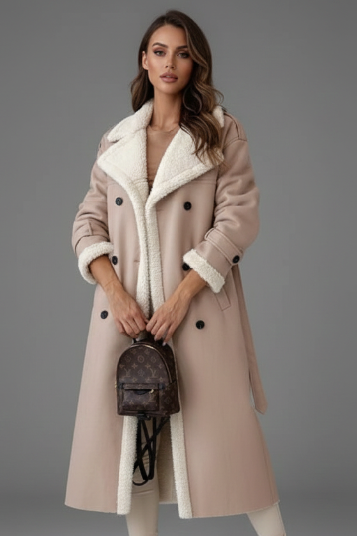 Women’s Long Coat with Lapel Collar and Trim Detailing