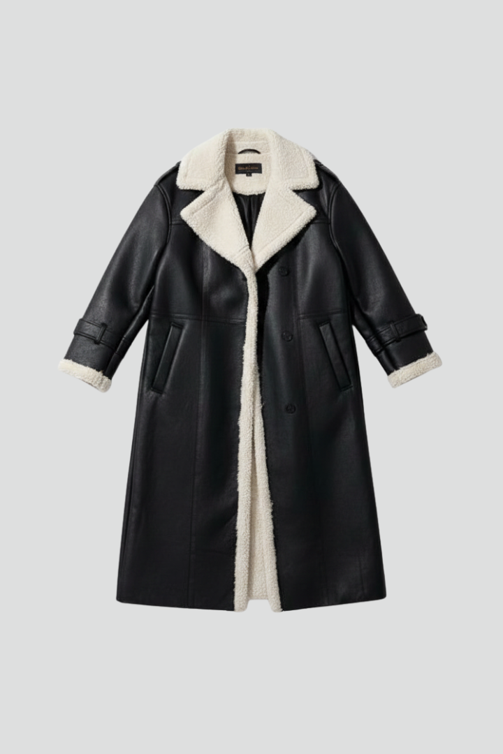 Women’s Long Coat with Lapel Collar and Trim