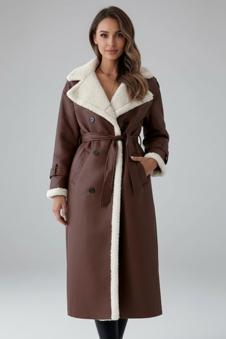 Women’s Long Coat with Lapel Collar and Trim
