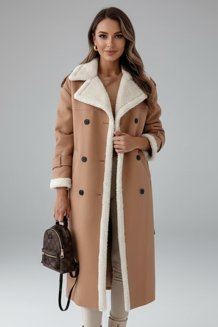 Women’s Long Coat with Lapel Collar and Trim