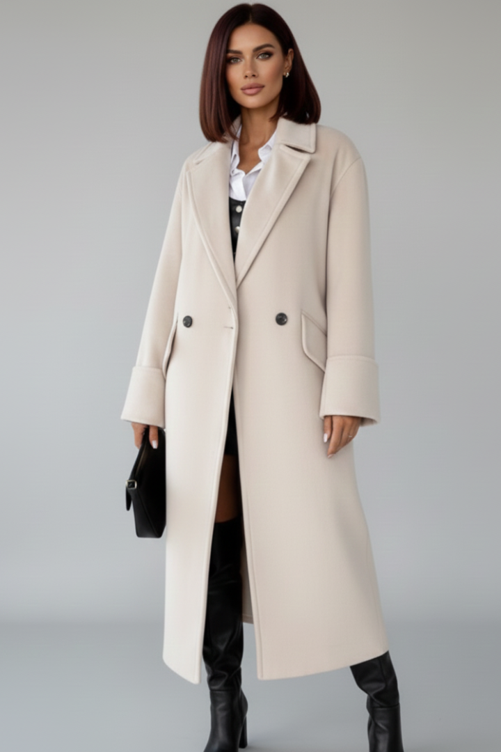 Women’s Long Coat with Notched Lapel and Button Front