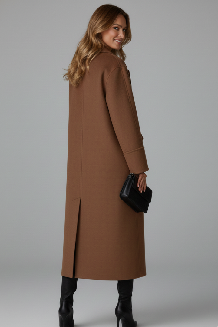 Women’s Long Coat with Notched Lapel and Button Front