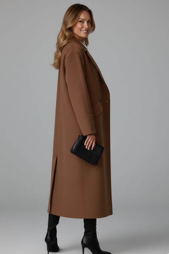 Women’s Long Coat with Notched Lapel and Button Front