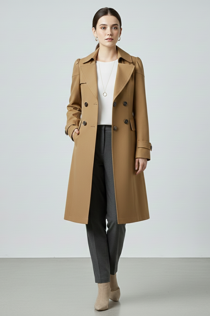 Women’s Long Coat with Notched Lapel and Front Button Fastening
