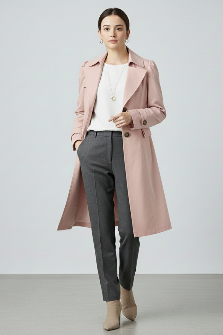 Women’s Long Coat with Notched Lapel and Front Button Fastening
