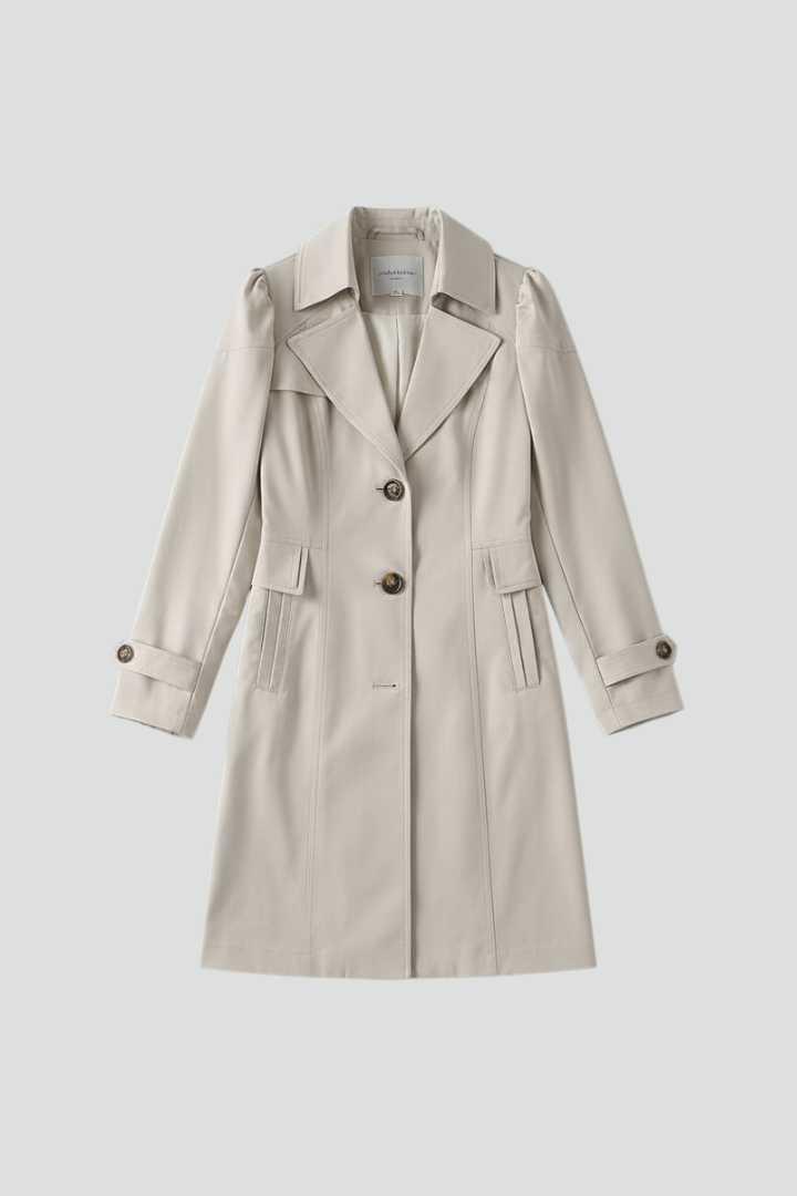 Women’s Long Coat with Notched Lapel and Front Button Fastening