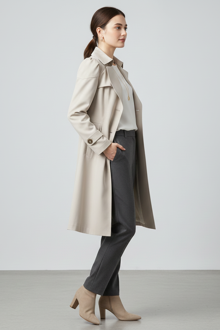 Women’s Long Coat with Notched Lapel and Front Button Fastening