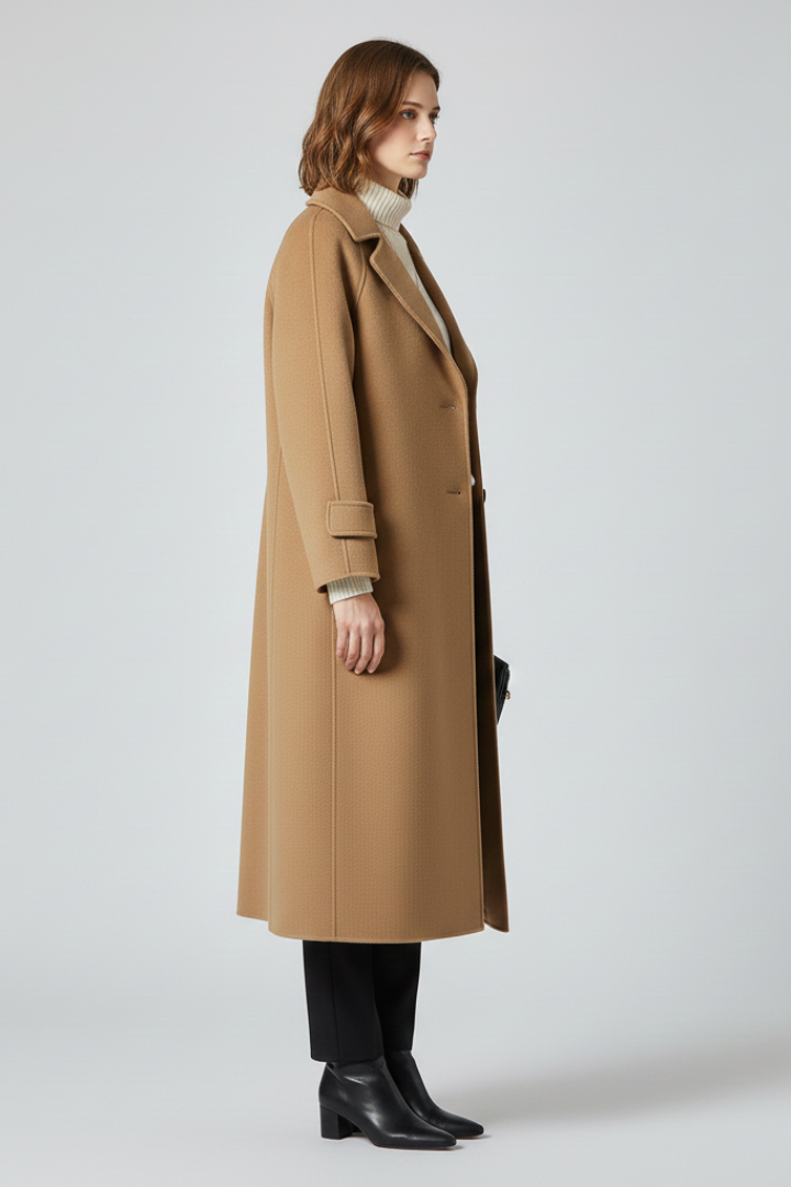 Women’s Long Coat with Straight Cut and Textured Surface