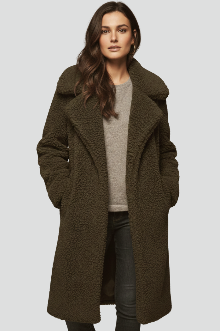 Women’s Long Coat with Textured Surface and Wide Collar
